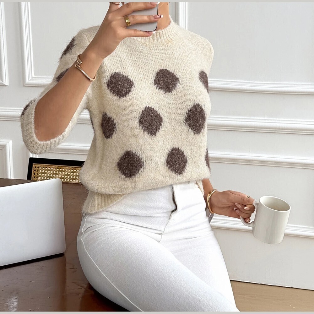 Cream Polka Dot Knit Sweater with Crewneck Collar